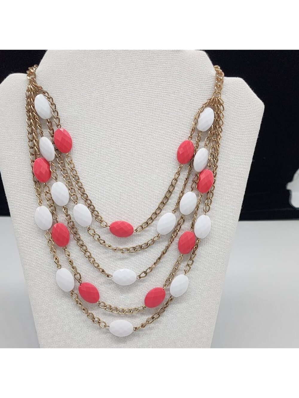 Gold Tone Multi Layer Chain Necklace White & Coral Beads Chunky Statement Jewelr